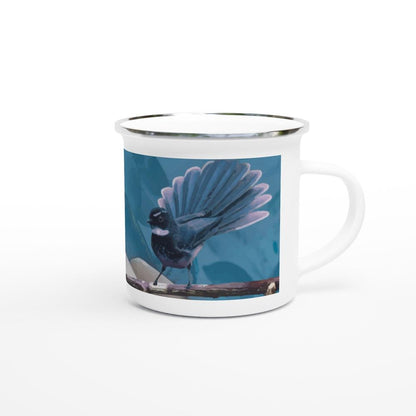 Designer enamel mugs with artwork by NZ designer