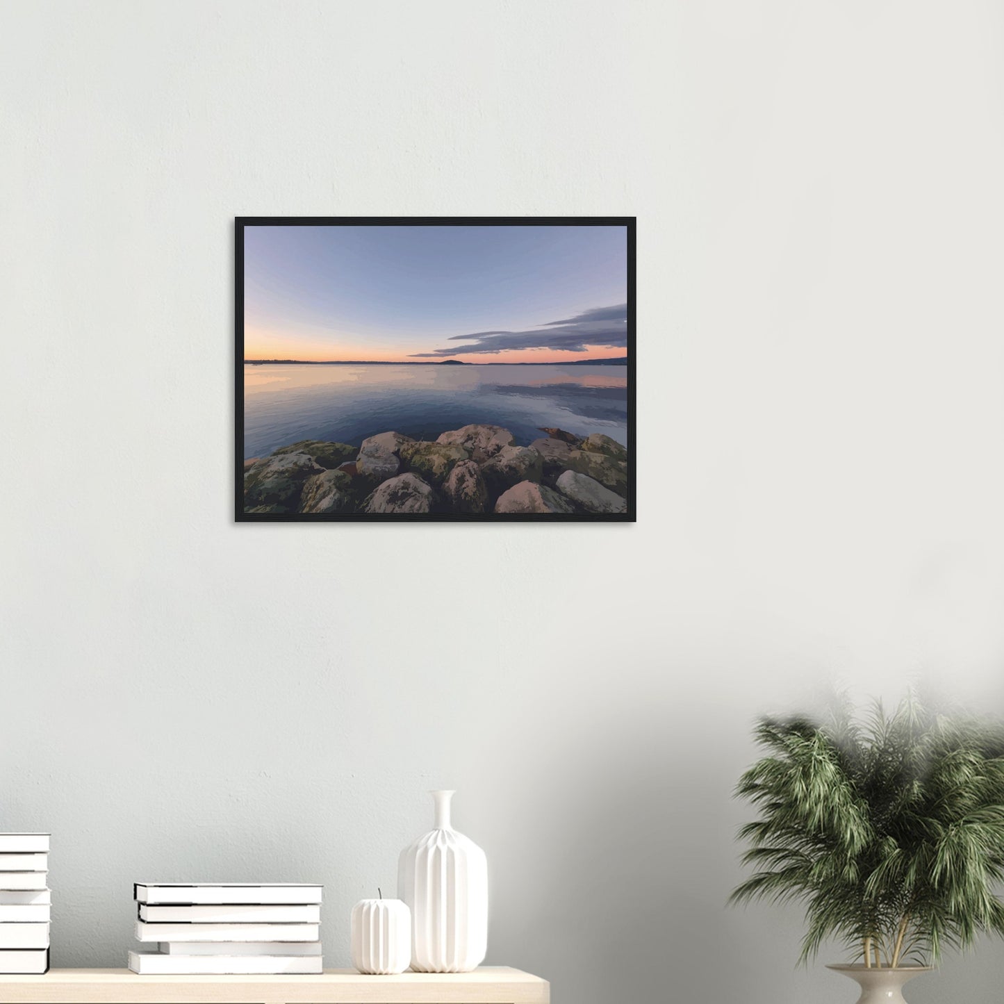 Peaceful Lake Rotorua view with mossy rocks and soft pastel reflections in Calm Waters by NZ artist Ben Hart.