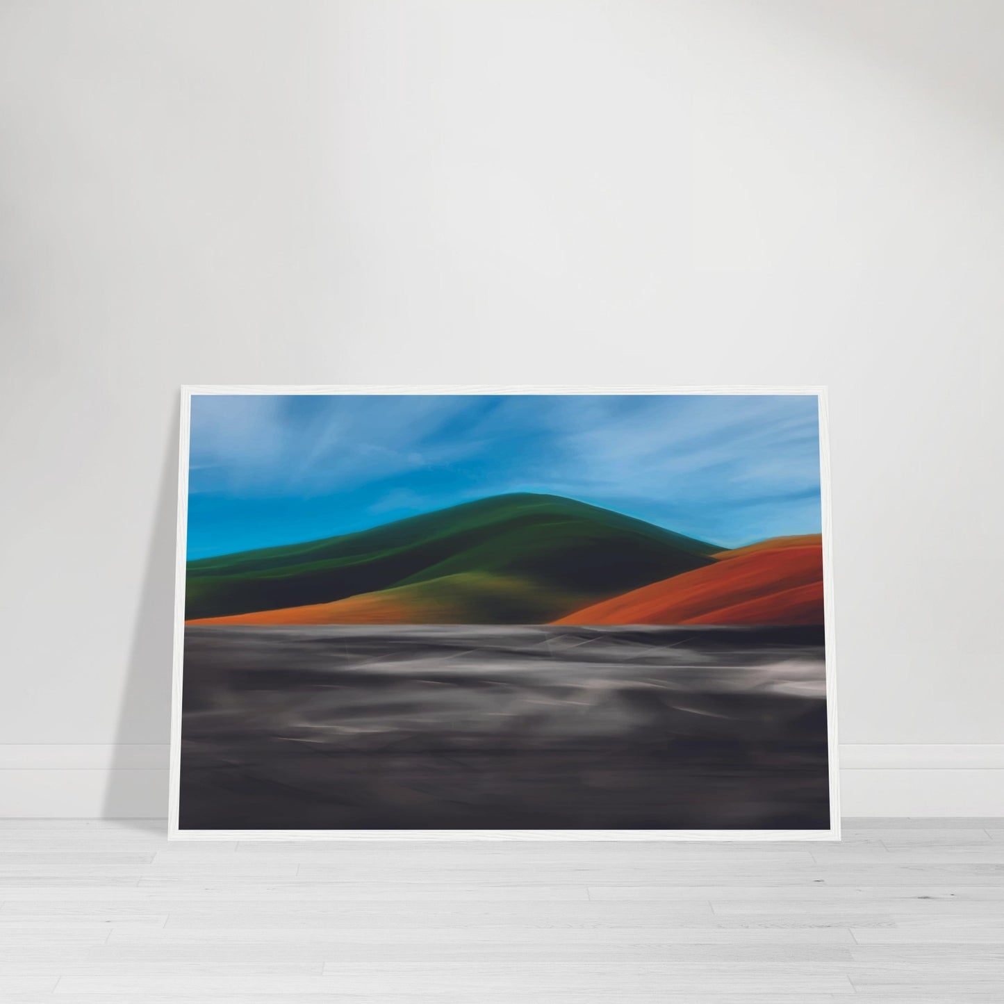 Vibrant artwork of abstract hills and a shimmering road, capturing the feel of a hot summer day in New Zealand.
