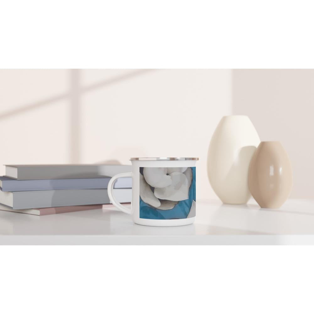 Designer enamel mugs with artwork by NZ designer