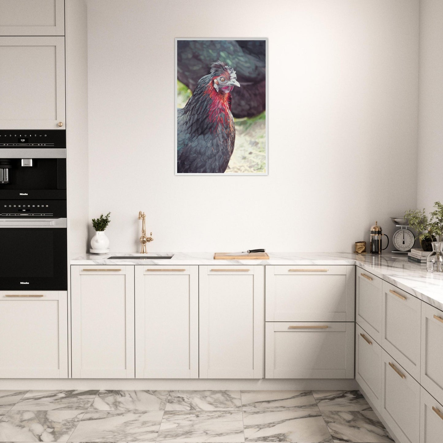 Vibrant close-up artwork of a quirky chicken with bright feathers and a bold expression.