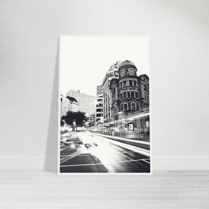 Wellington’s Public Trust Building in bold black and white with city light trails in Public Trust by NZ designer Ben Hart.