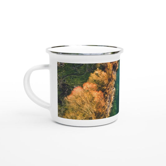 Designer enamel mugs with artwork by NZ designer