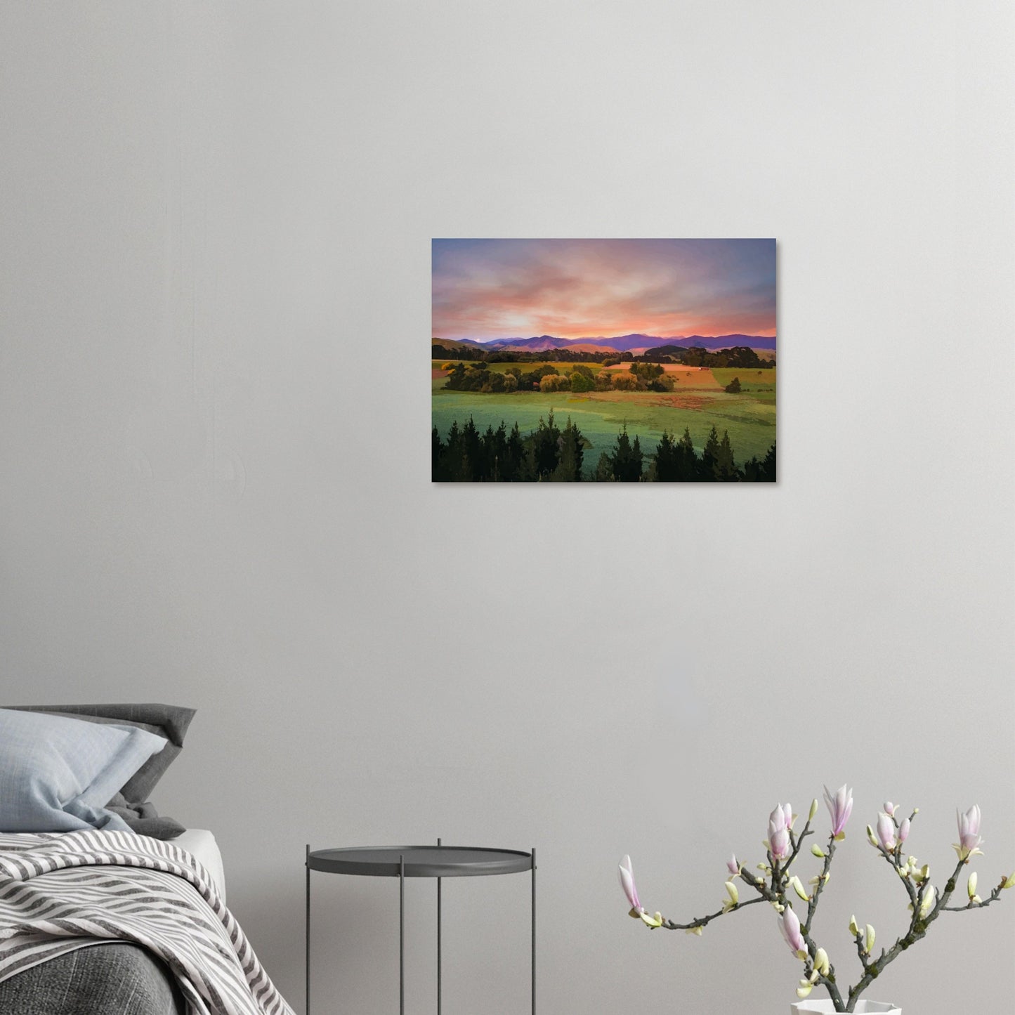 Artwork of a Wairarapa sunrise over pine trees and rolling farmland with soft light on the Tararua Ranges.