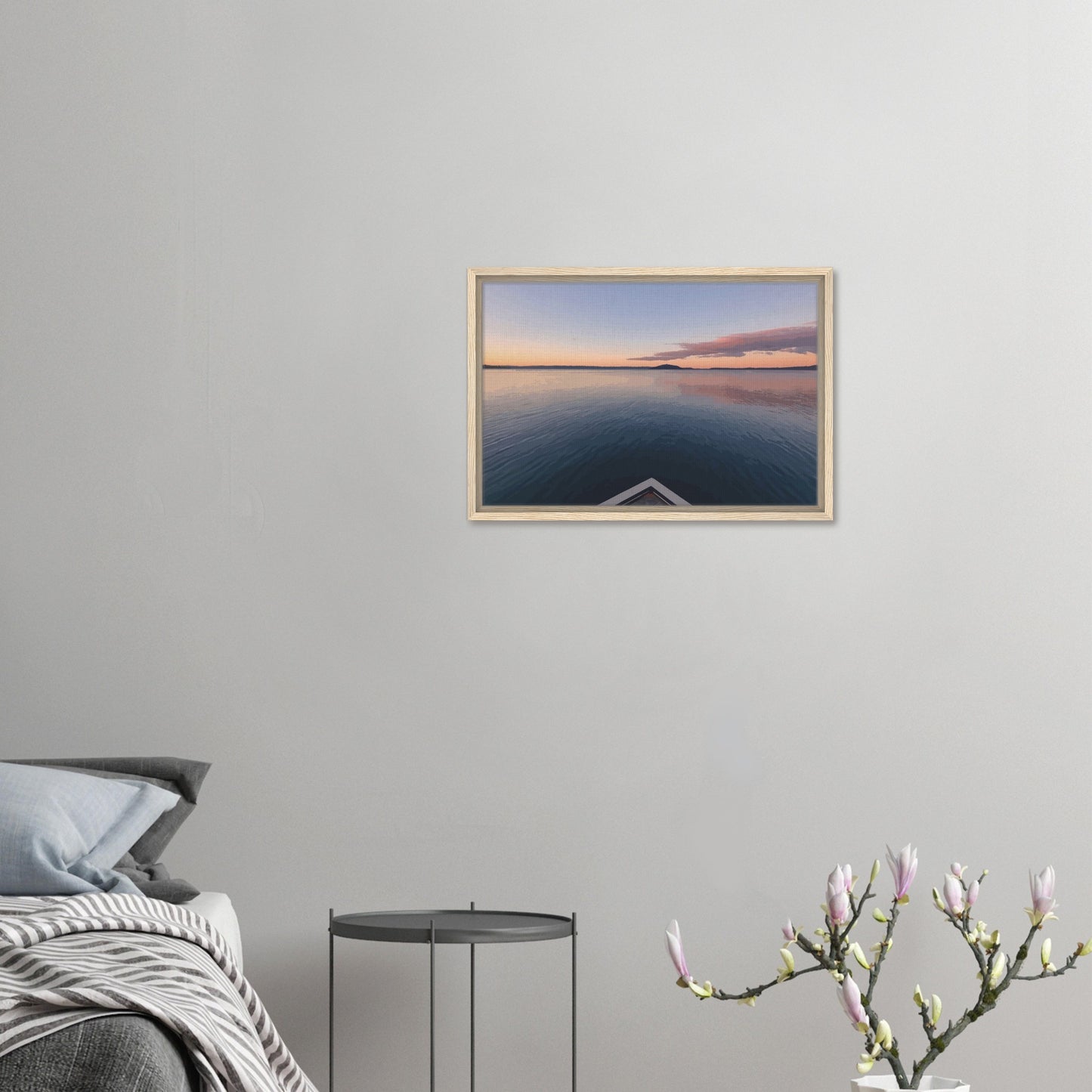View from jetty over calm Lake Rotorua at sunset in the peaceful artwork Edge of Stillness by NZ designer Ben Hart.