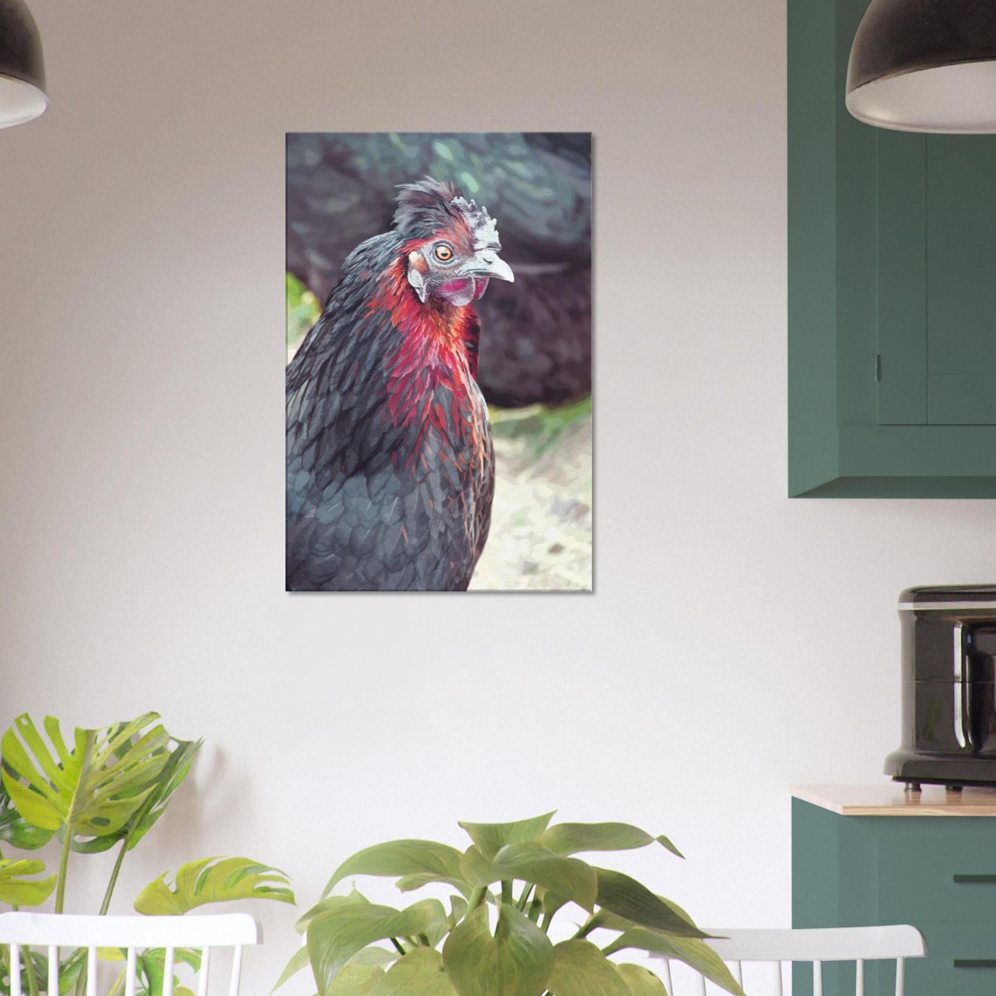 Vibrant close-up artwork of a quirky chicken with bright feathers and a bold expression.