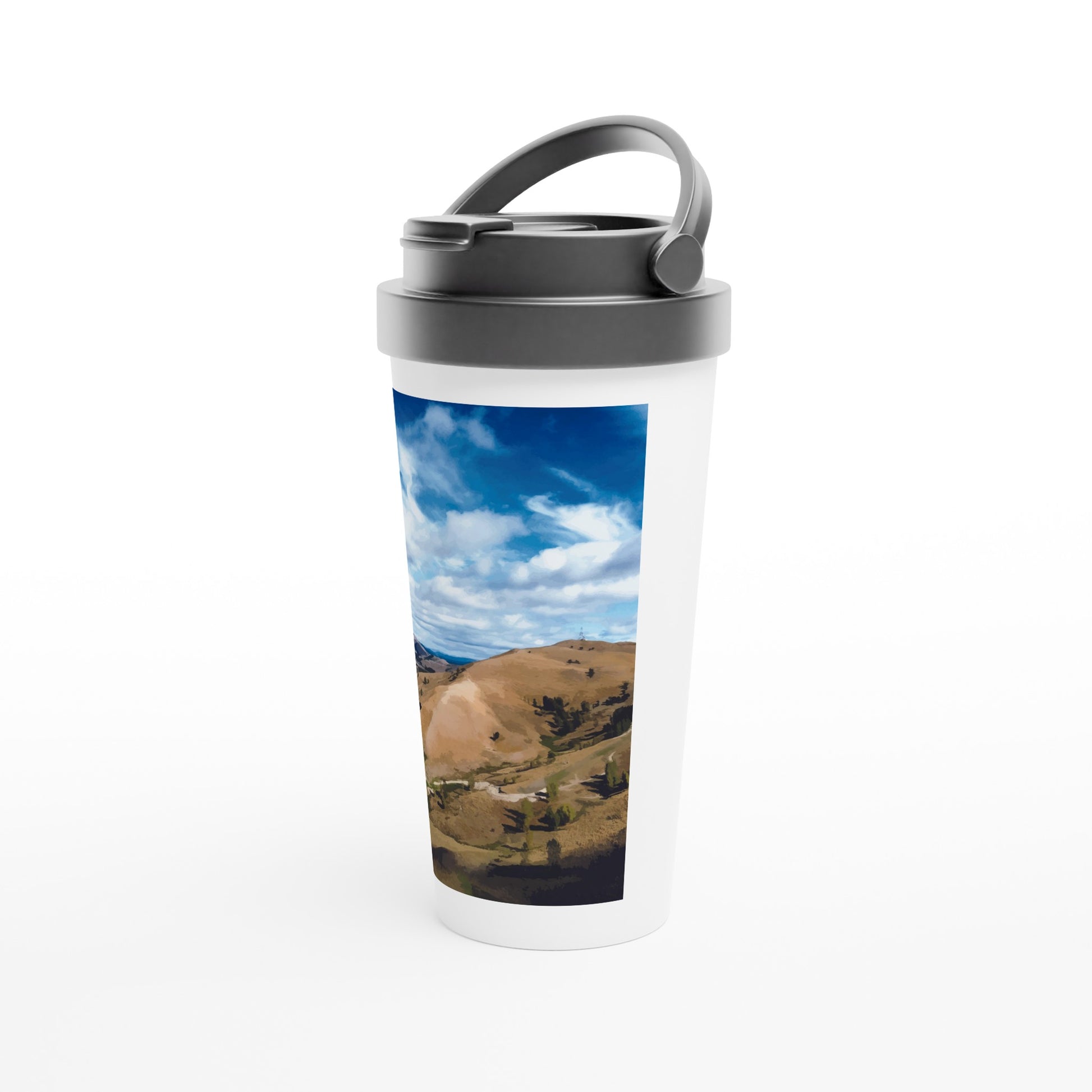 Designer stainless steel travel mug with artwork by NZ designer