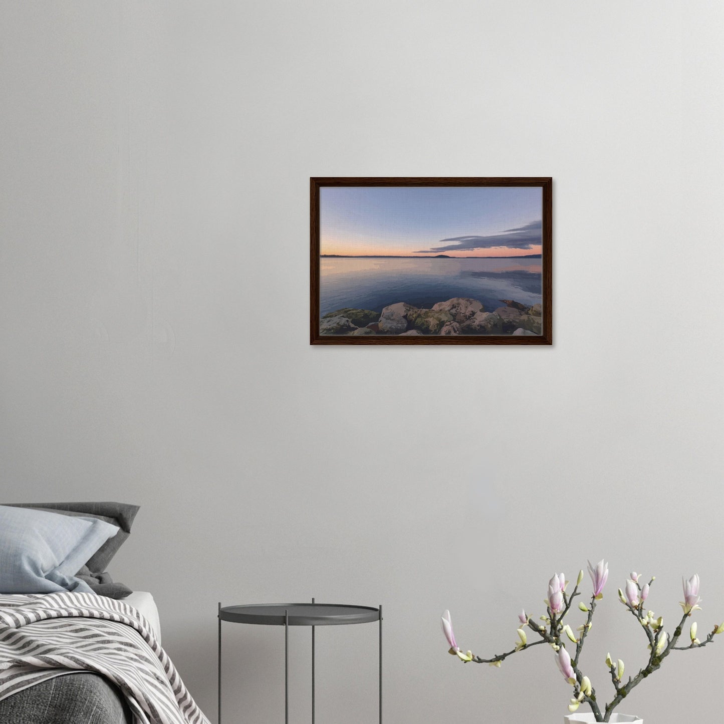 Peaceful Lake Rotorua view with mossy rocks and soft pastel reflections in Calm Waters by NZ artist Ben Hart.