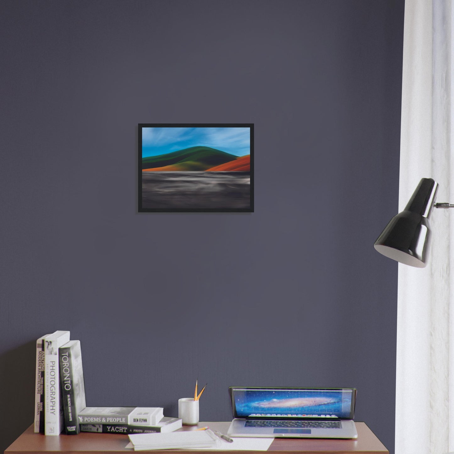 Vibrant artwork of abstract hills and a shimmering road, capturing the feel of a hot summer day in New Zealand.