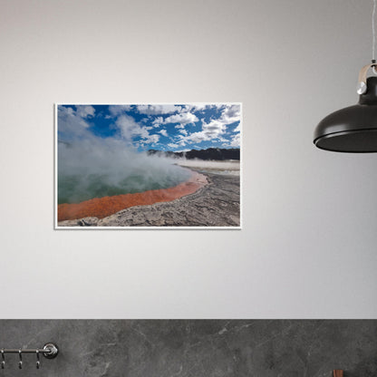 Steaming geothermal pool with bright sky and vivid orange rim in Enchanted Waters by NZ designer Ben Hart.