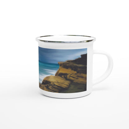 Designer enamel mugs with artwork by NZ designer