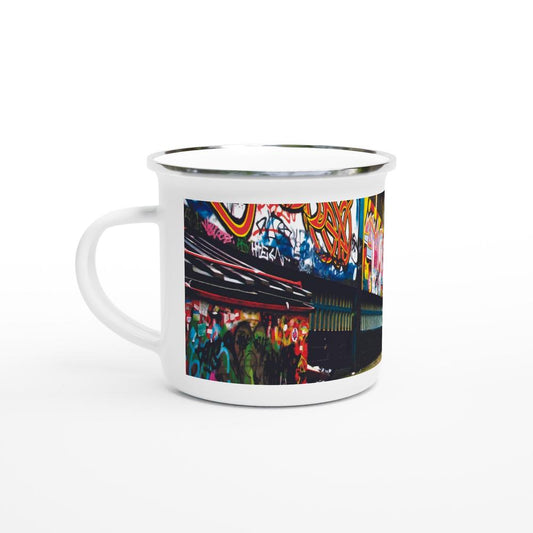 Designer enamel mugs with artwork by NZ designer