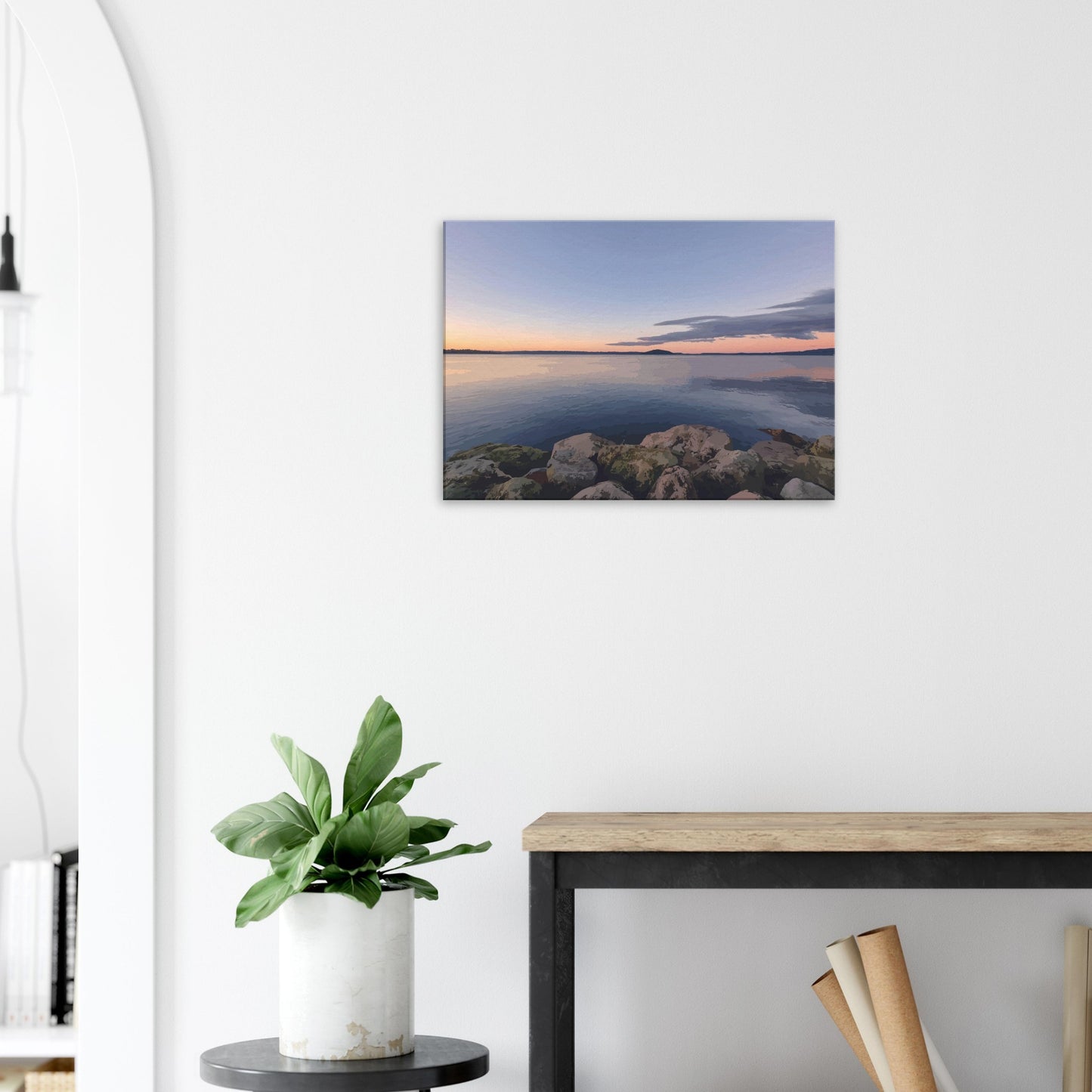 Peaceful Lake Rotorua view with mossy rocks and soft pastel reflections in Calm Waters by NZ artist Ben Hart.
