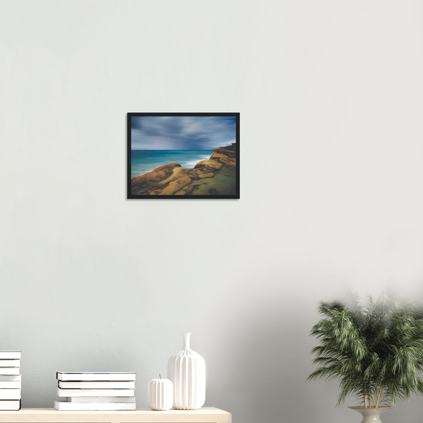 Moody seascape artwork of Castlepoint, with cliffs in the foreground and dark ocean under a brooding sky.