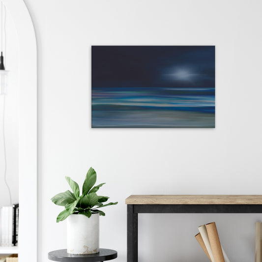Moody artwork of an abstract sea with dark skies and light on the horizon, evoking calm and quiet transformation.