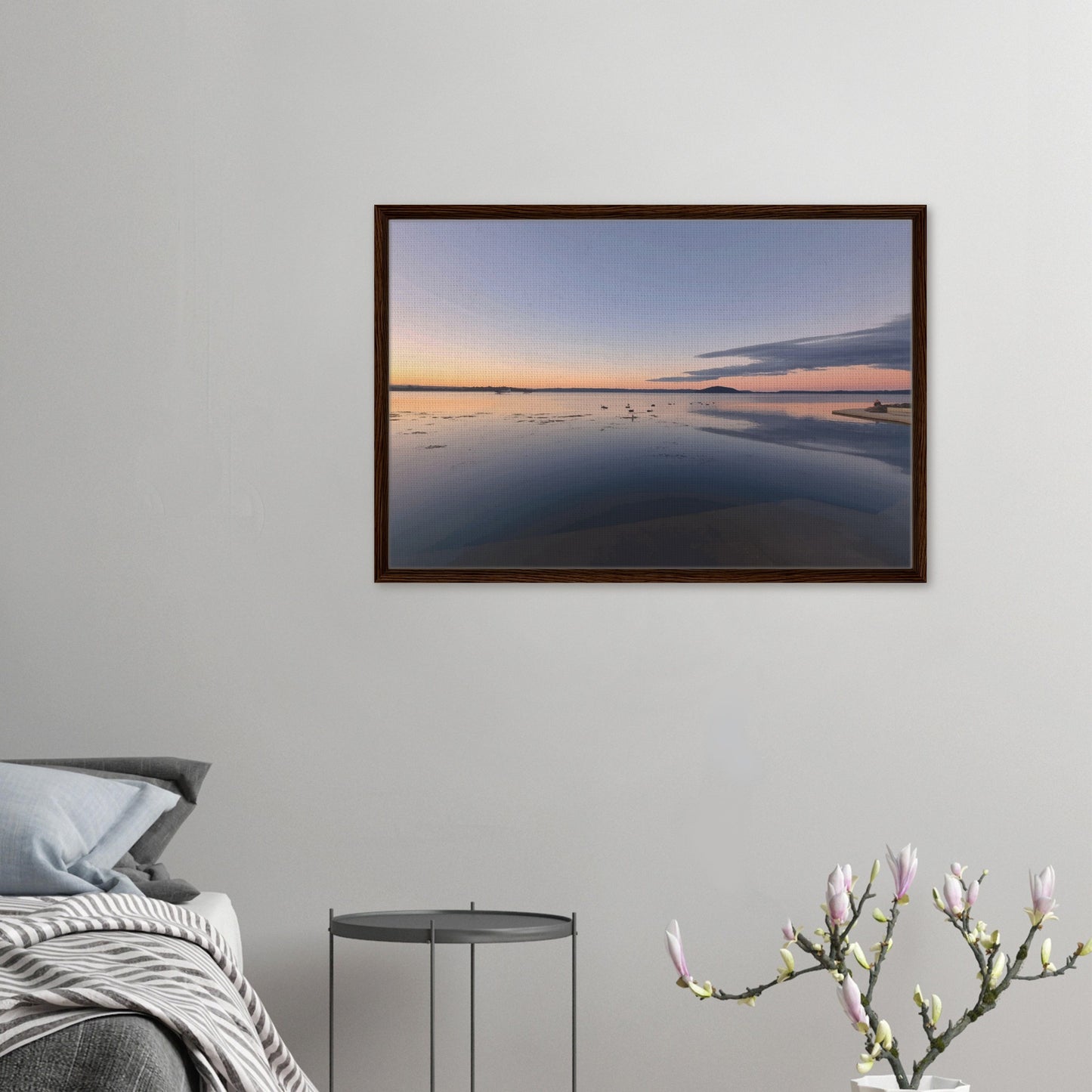 Peaceful Lake Rotorua at sunset with soft pastels, black swans and reflections in Whispers on the Lake by Ben Hart.