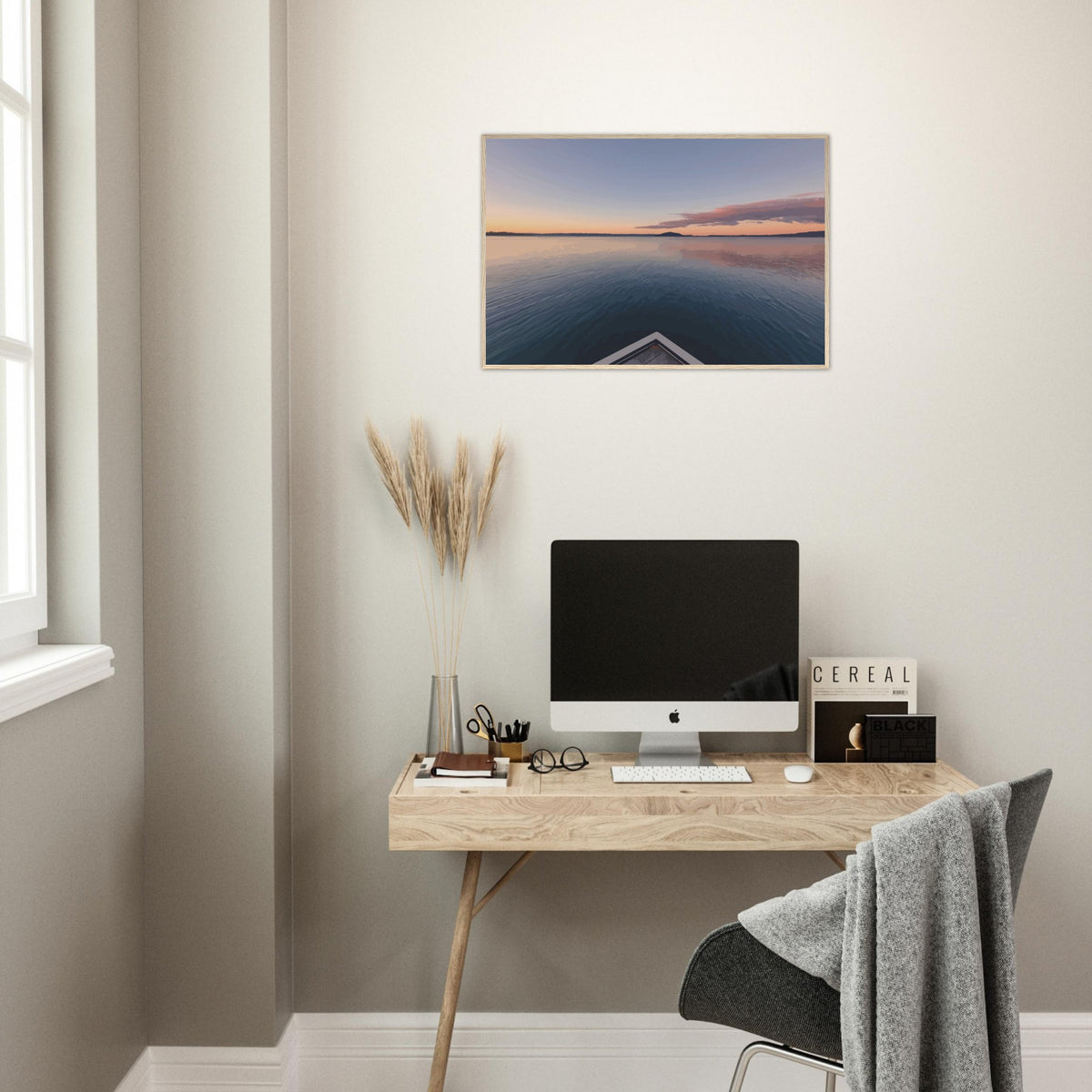 View from jetty over calm Lake Rotorua at sunset in the peaceful artwork Edge of Stillness by NZ designer Ben Hart.