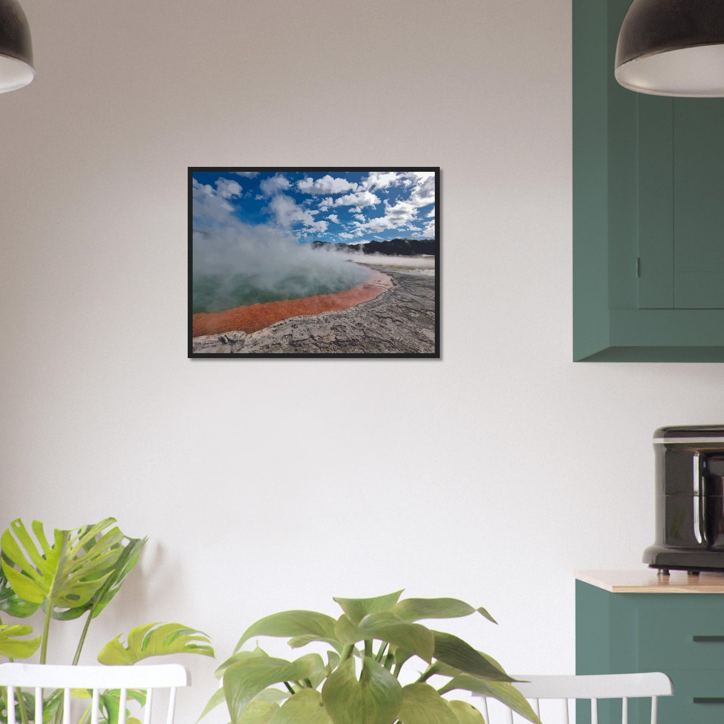Steaming geothermal pool with bright sky and vivid orange rim in Enchanted Waters by NZ designer Ben Hart.