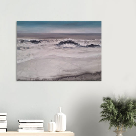 Moody seascape of waves breaking along Marine Parade in Hawke’s Bay, painted in muted greys and blues.