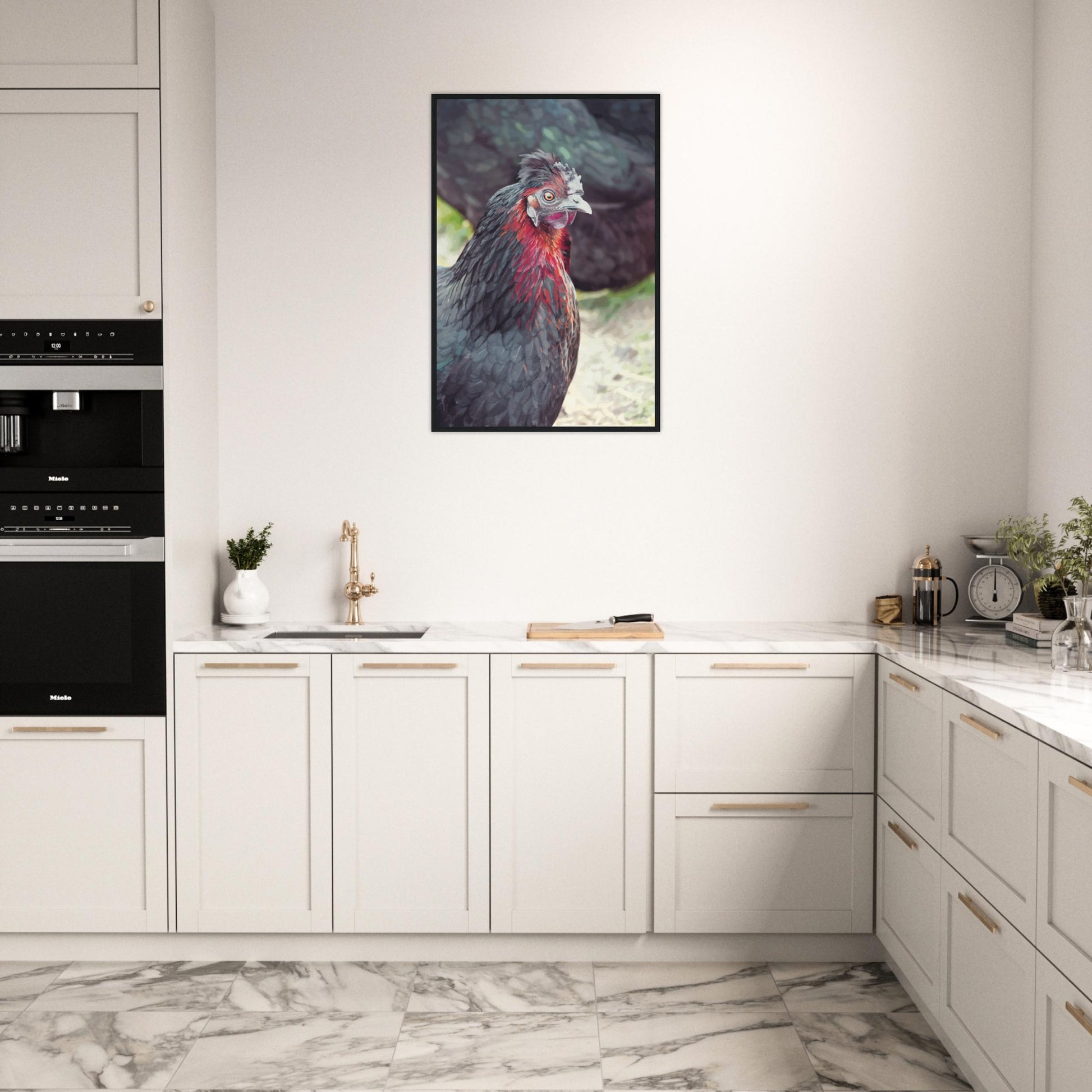Vibrant close-up artwork of a quirky chicken with bright feathers and a bold expression.