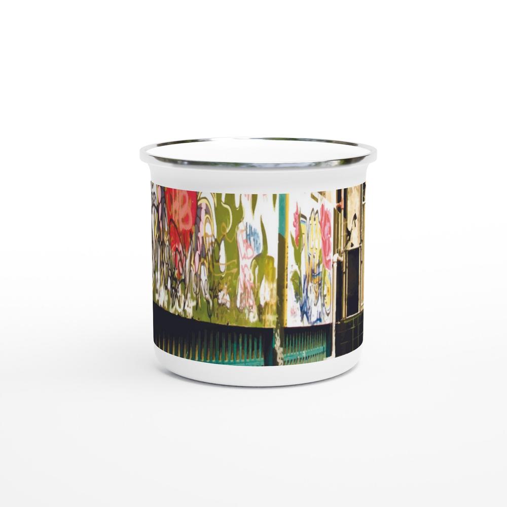 Designer enamel mugs with artwork by NZ designer
