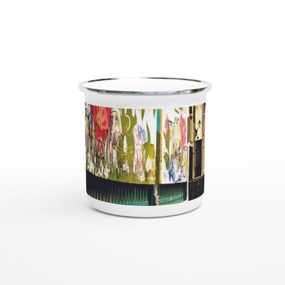 Designer enamel mugs with artwork by NZ designer