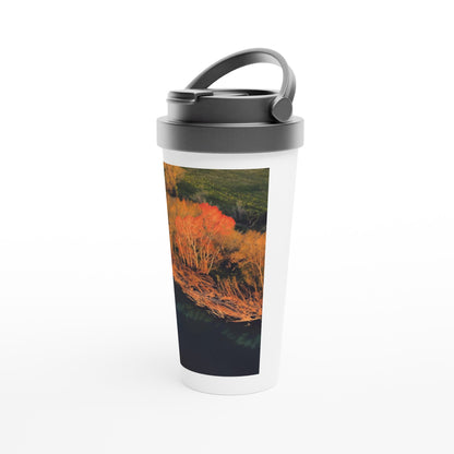 Designer stainless steel travel mug with artwork by NZ designer