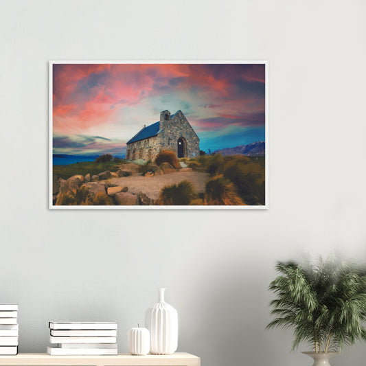 Stone church at Lake Tekapo under a pink and blue sky, with mountains in the background.