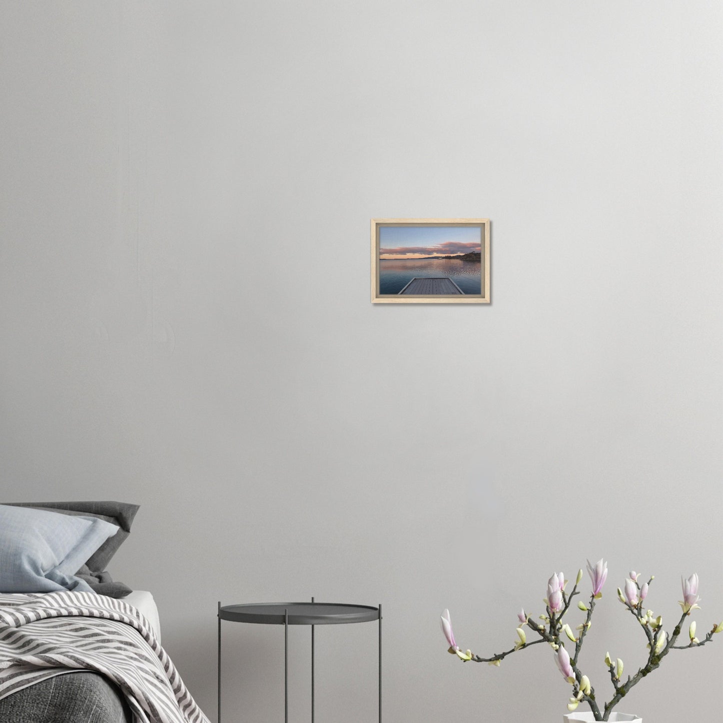 Jetty over Lake Rotorua at dusk with soft clouds and reflections in Echoes of the Lake by New Zealand designer Ben Hart.