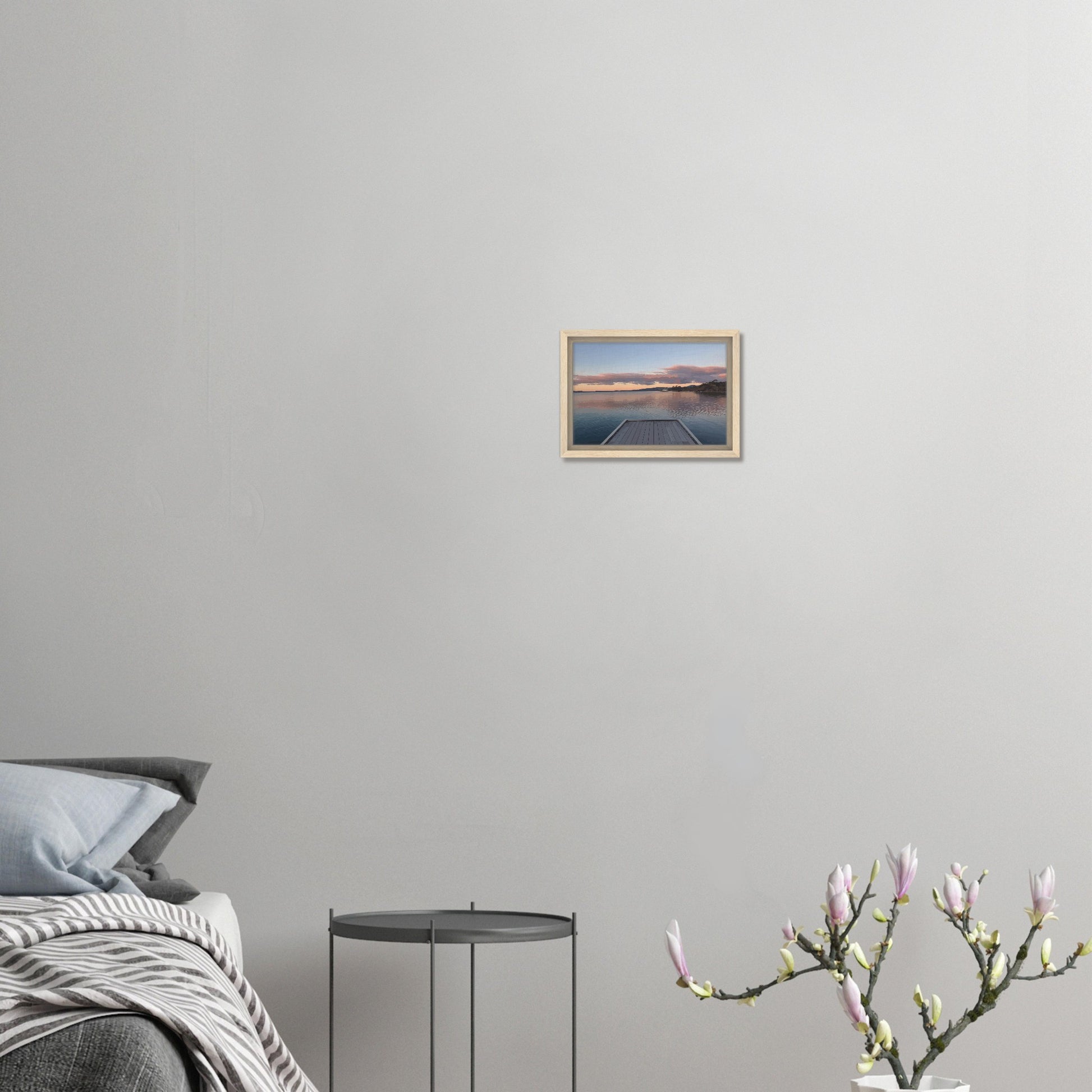 Jetty over Lake Rotorua at dusk with soft clouds and reflections in Echoes of the Lake by New Zealand designer Ben Hart.