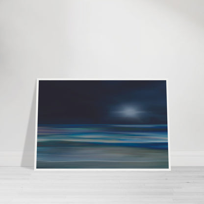 Moody artwork of an abstract sea with dark skies and light on the horizon, evoking calm and quiet transformation.
