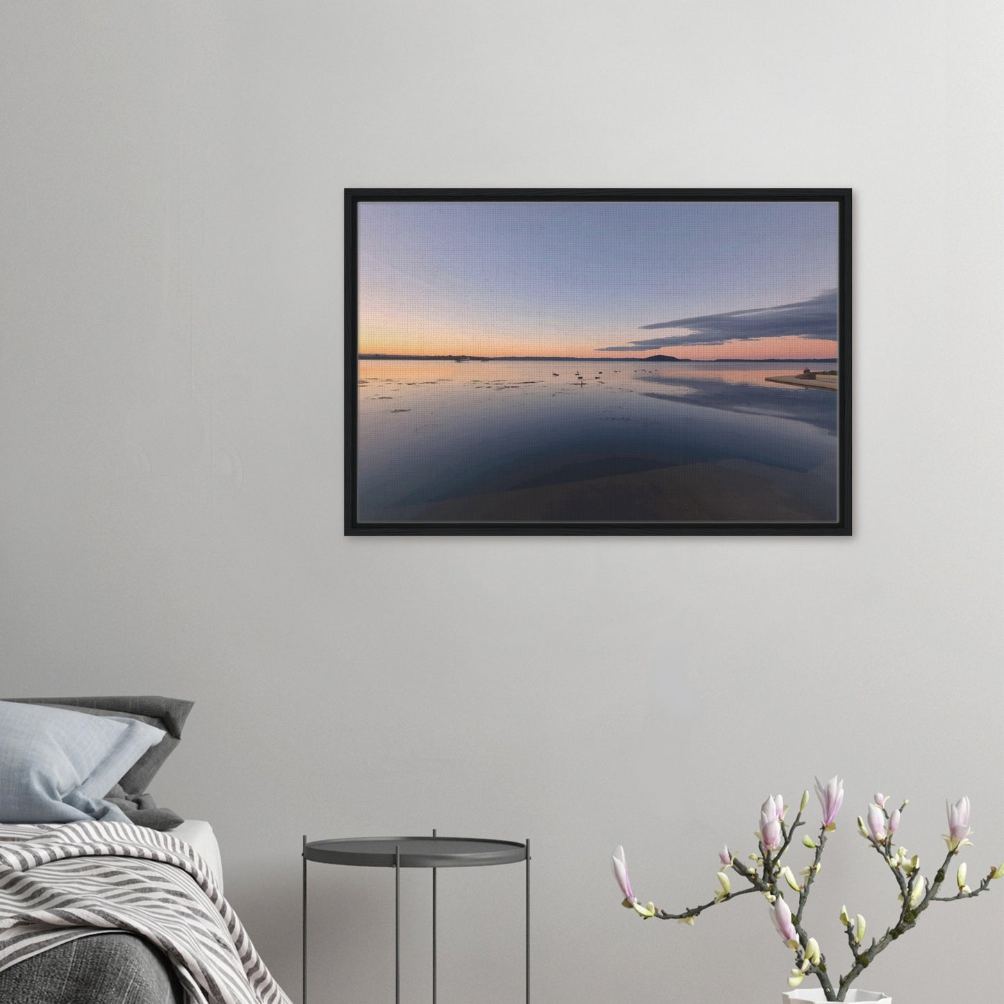 Peaceful Lake Rotorua at sunset with soft pastels, black swans and reflections in Whispers on the Lake by Ben Hart.