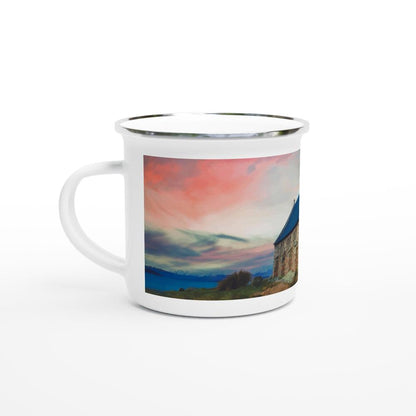Designer enamel mugs with artwork by NZ designer