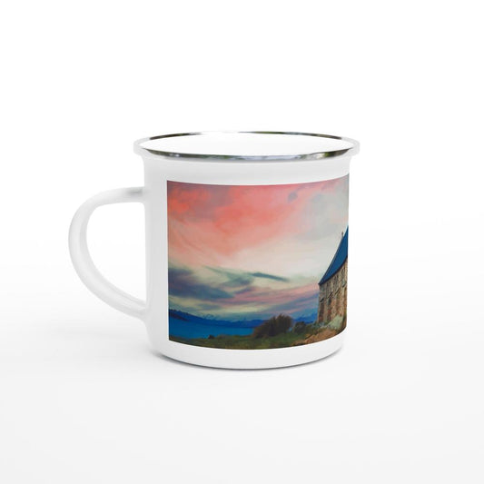Designer enamel mugs with artwork by NZ designer