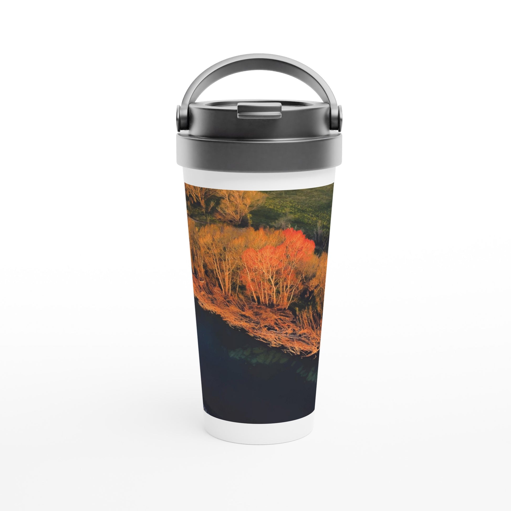 Designer stainless steel travel mug with artwork by NZ designer