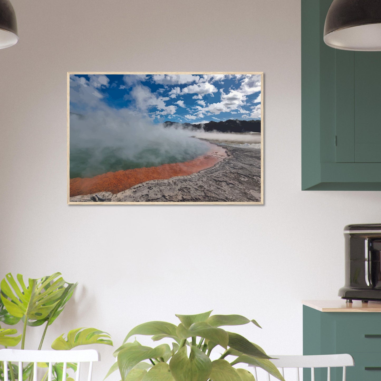 Steaming geothermal pool with bright sky and vivid orange rim in Enchanted Waters by NZ designer Ben Hart.