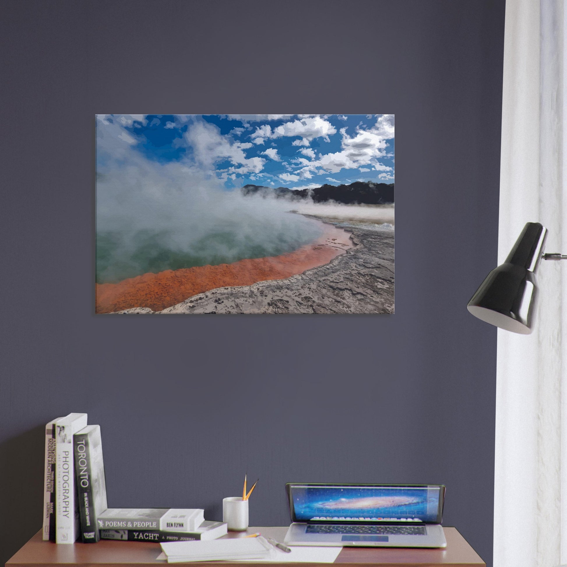 Steaming geothermal pool with bright sky and vivid orange rim in Enchanted Waters by NZ designer Ben Hart.