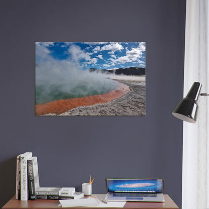 Steaming geothermal pool with bright sky and vivid orange rim in Enchanted Waters by NZ designer Ben Hart.