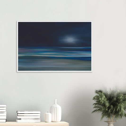 Moody artwork of an abstract sea with dark skies and light on the horizon, evoking calm and quiet transformation.