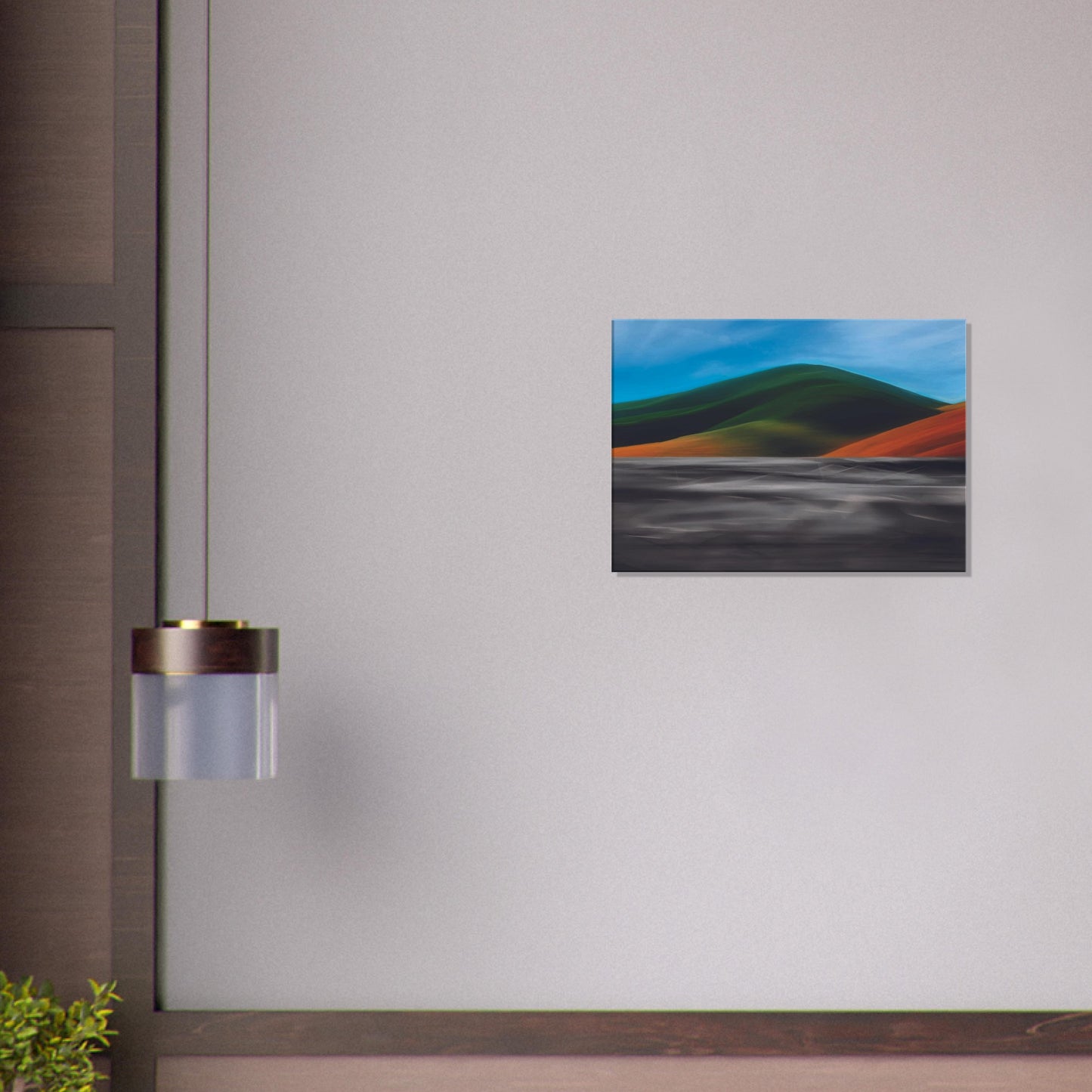 Vibrant artwork of abstract hills and a shimmering road, capturing the feel of a hot summer day in New Zealand.