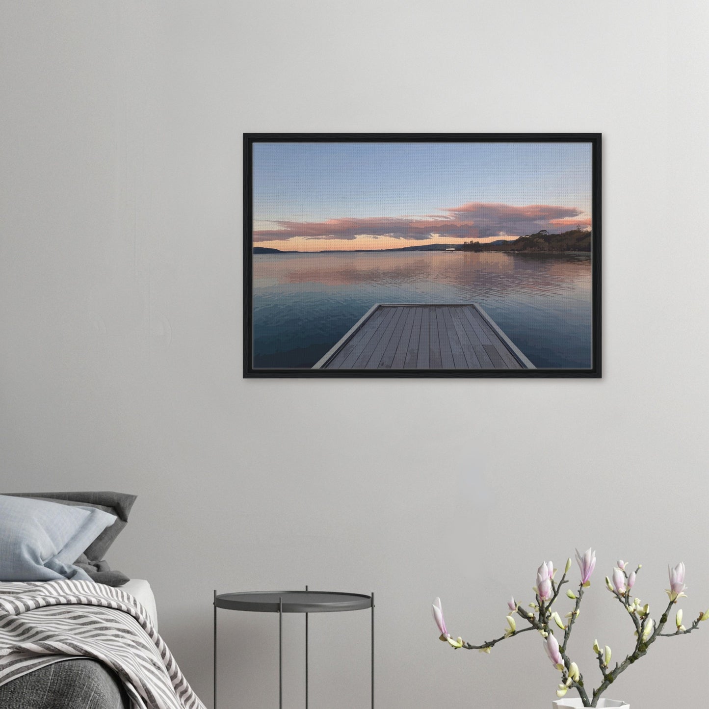Jetty over Lake Rotorua at dusk with soft clouds and reflections in Echoes of the Lake by New Zealand designer Ben Hart.