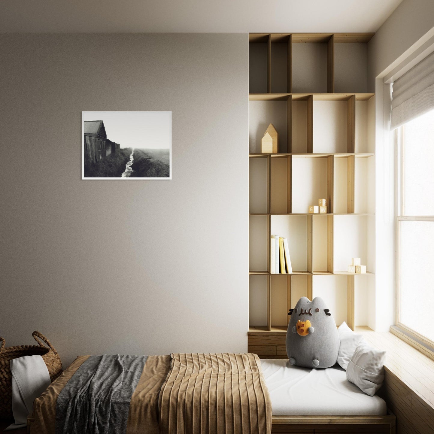 Moody artwork of a rustic barn and misty stream in rural New Zealand, evoking stillness and foggy morning light.