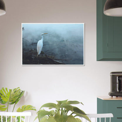 'Grace in the mist' captures the graceful presence of the Kōtuku (white heron) standing still on the edge of a steaming geothermal pool.