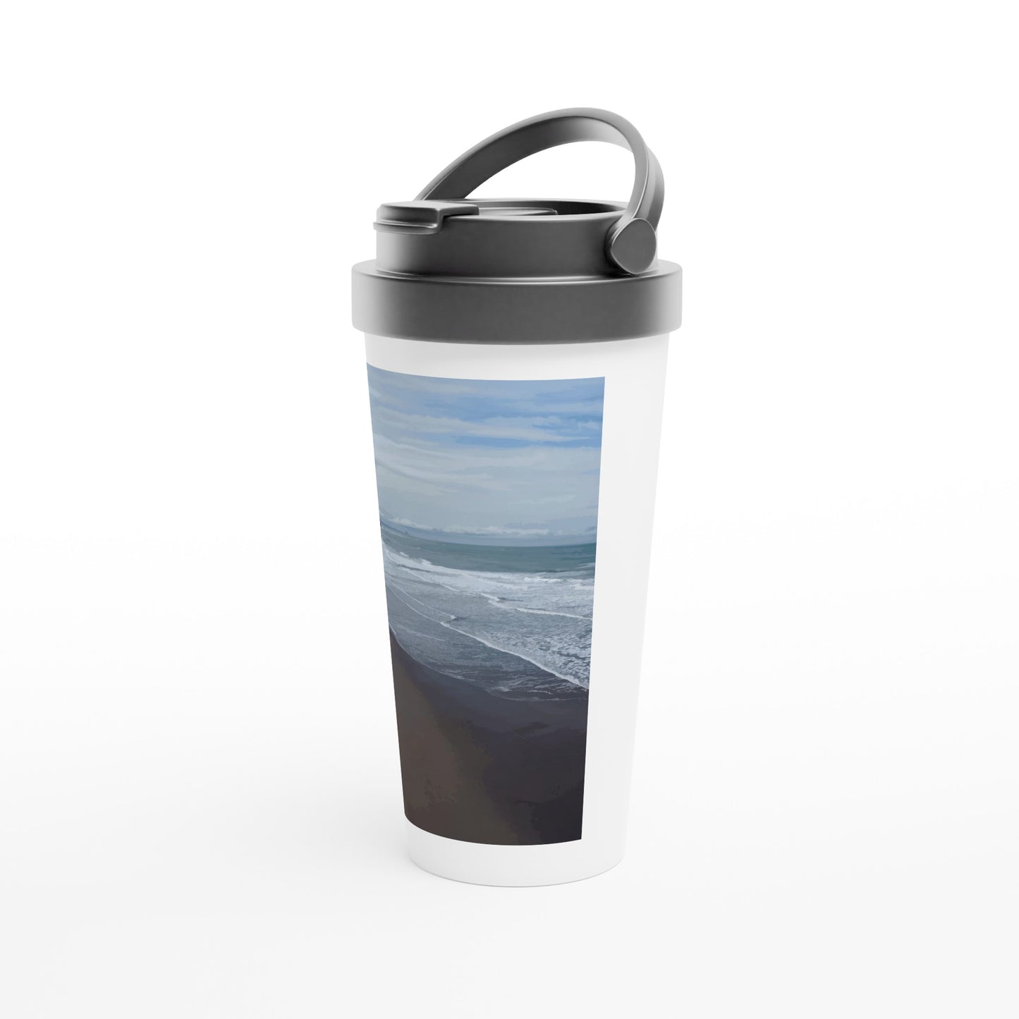 Designer stainless steel travel mug with artwork by NZ designer