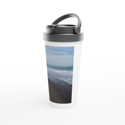 Designer stainless steel travel mug with artwork by NZ designer