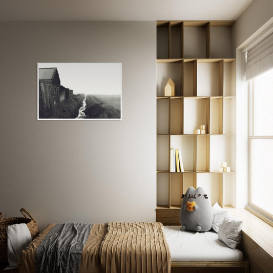 Moody artwork of a rustic barn and misty stream in rural New Zealand, evoking stillness and foggy morning light.