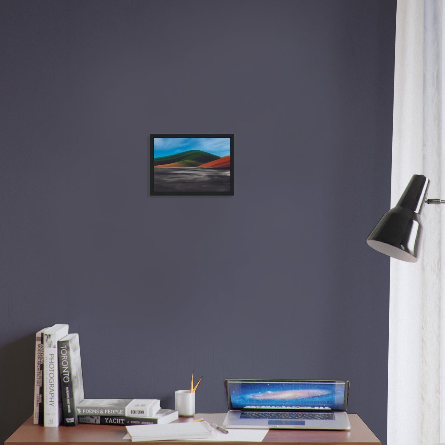 Vibrant artwork of abstract hills and a shimmering road, capturing the feel of a hot summer day in New Zealand.