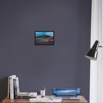 Vibrant artwork of abstract hills and a shimmering road, capturing the feel of a hot summer day in New Zealand.