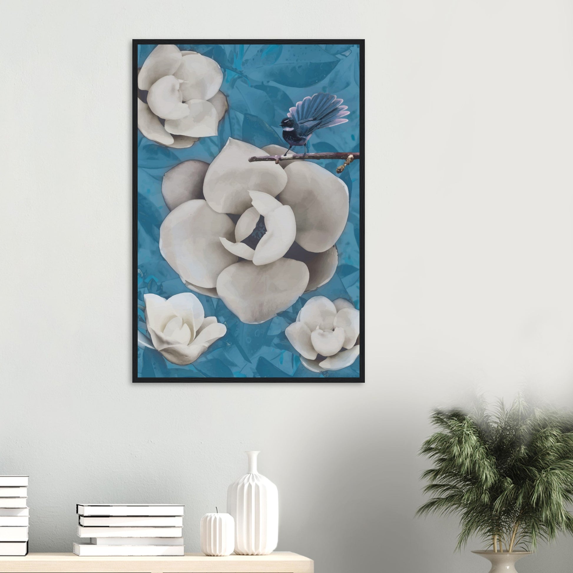 Artwork of a New Zealand pīwakawaka with its tail fanned wide, perched and alert with cool blue tones behind.