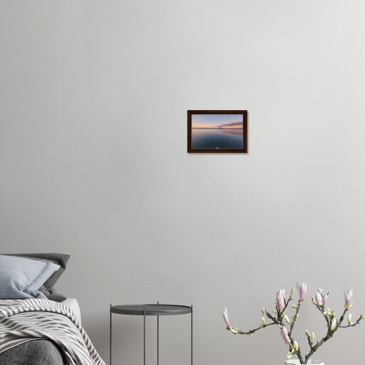 View from jetty over calm Lake Rotorua at sunset in the peaceful artwork Edge of Stillness by NZ designer Ben Hart.